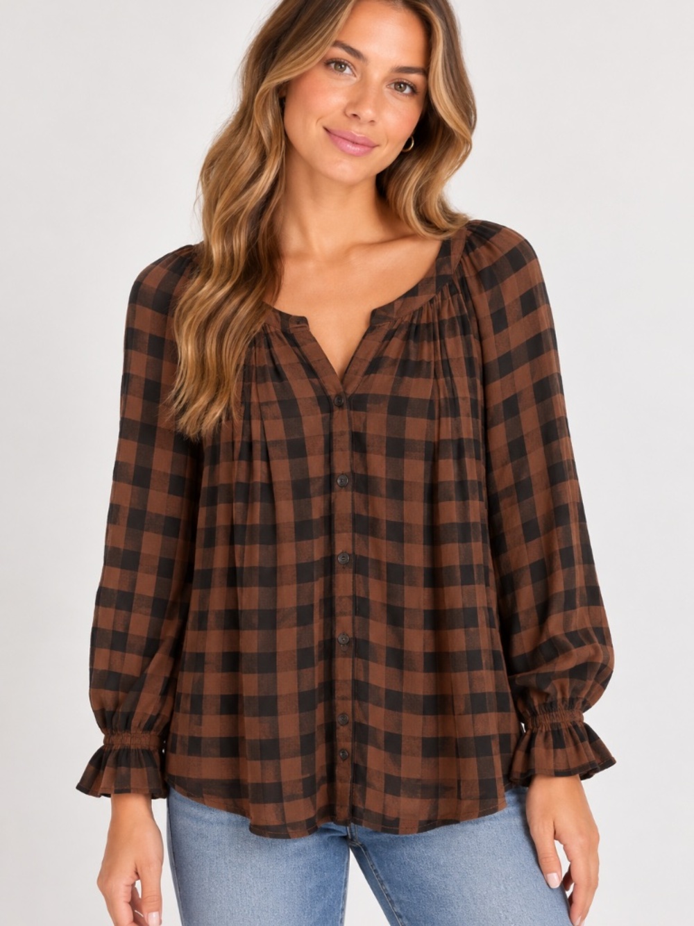 Beach Lunch Lounge Brown & Black Plaid Long Sleeve Button-Down Top, size Large